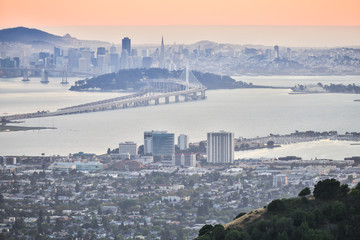 Sunset over San Francisco, as seen from Berkeley Hills. Aerial view of San Francisco from Grizzly...