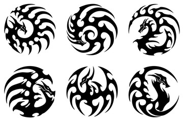 vector illustration, set of round tribal dragon tattoo designs, black and white graphics