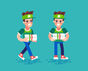 Young handsome pizza delivery man in uniform holds boxes and friendly smiling. Modern character design - pizza courier in different poses. Vector set in flat design.
