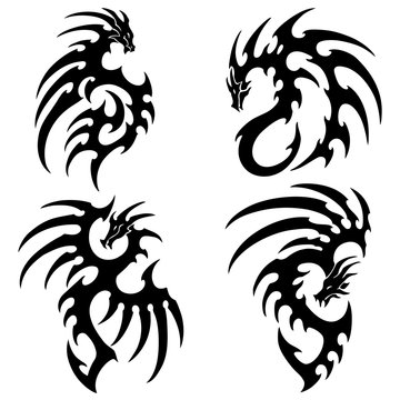vector illustration, set of tribal dragon tattoo designs, black and white graphics.