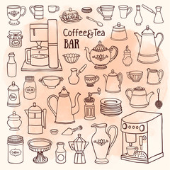 Doodle sketch of pots, cups, coffee machine on watercolor background