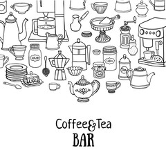 Coffee and tea sketchy banner with dishes