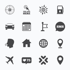 Navigation, gps icons. Windrose, compass signs.