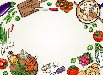 Top view kitchen frame with vegetables, dishes for design.