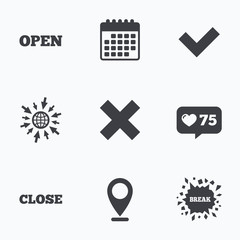 Open and Close icons. Check or Tick. Delete sign