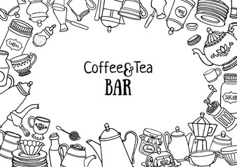 Coffee and tea sketchy banner. Doodle kitchen background