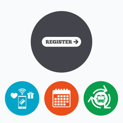 Register with arrow sign icon. Membership symbol