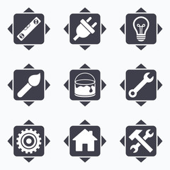 Repair, construction icons. Hammer, wrench tool.