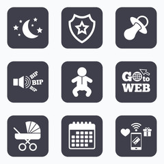 Moon and stars. Baby infant icon. Buggy, dummy.
