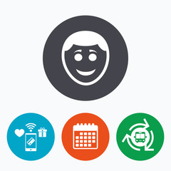 Smile face icon. Smiley with hairstyle symbol.