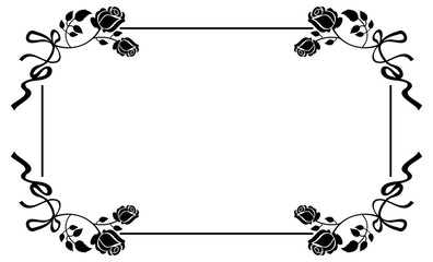 Horizontal black and white frame with roses silhouettes. Vector clip art.