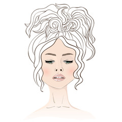 Young beautiful woman with wavy hair. Coloring for adults. Vecto