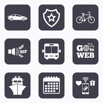 Transport icons. Car, Bicycle, Bus and Ship.