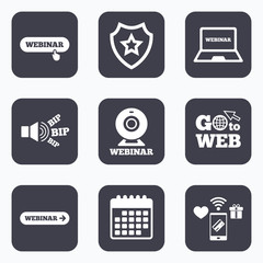 Webinar icons. Web camera and notebook pc signs.