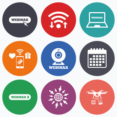 Webinar icons. Web camera and notebook pc signs.