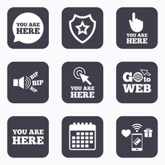 You are here icons. Info speech bubble sign.