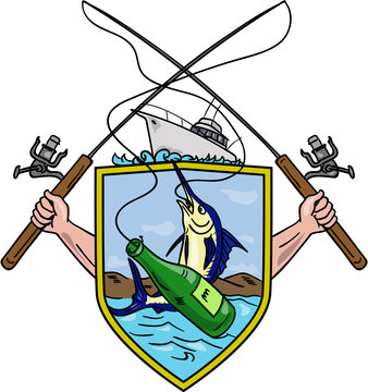 Fishing Rod Reel Blue Marlin Beer Bottle Coat of Arms Drawing