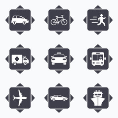 Transport icons. Car, bike, bus and taxi signs.