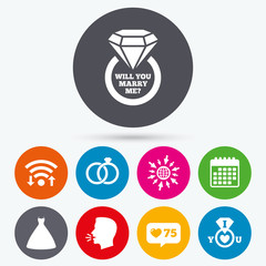 Wedding dress icon. Bride and groom rings symbol