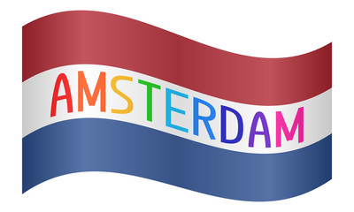 Netherlands flag with multicolored word Amsterdam waving on white background
