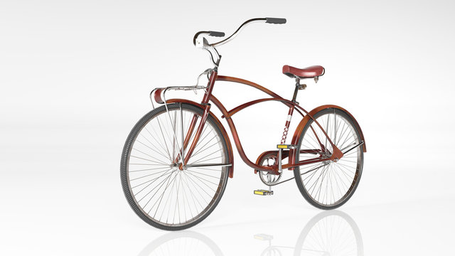 Red bicycle, old vintage bike isolated on white background