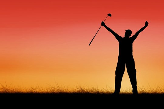 Composite image of golf player raising arms 