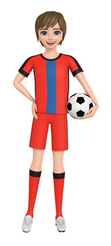 3D illustration character - A boy in a uniform has a soccer ball.