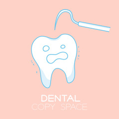 Tooth and explorer cartoon illustration isolated on pastel baby pink color background with dental copy space
