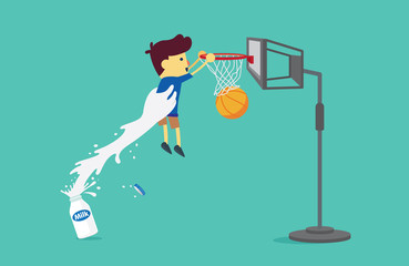 Fototapeta premium Big hand from milk bottle lifting a boy to shoot a basketball into the hoop. This illustration about drinking milk.