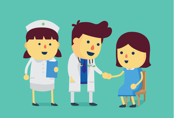 Doctor and nurse give medical advice to a woman on chair.