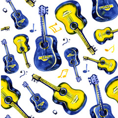 Fototapeta premium guitars semaless pattern, hand-painted in watercolor