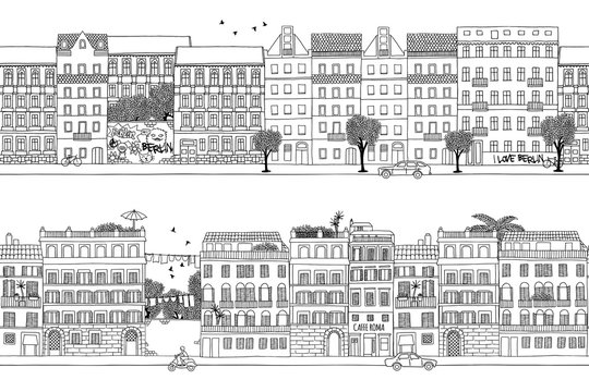 Two hand drawn seamless city banners - Berlin and Rome style houses