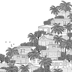 Hand drawn black and white illustration of a Caribbean village with wooden stilt houses