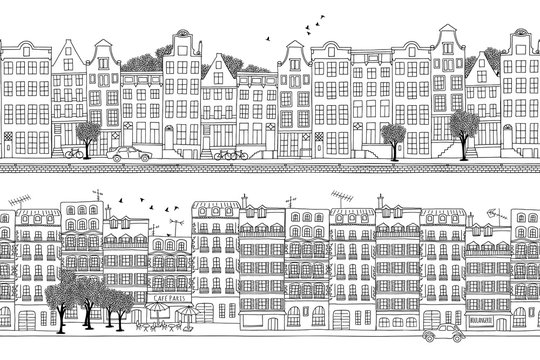 Two hand drawn seamless city banners - Amsterdam and Paris style houses