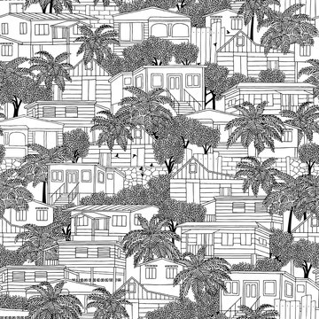Hand drawn seamless pattern of Caribbean wooden stilt houses and palm trees