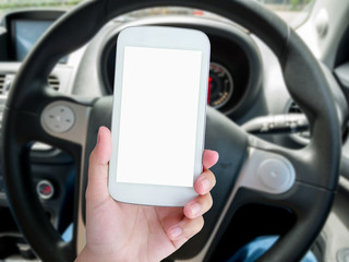 Man driver using smart phone in car