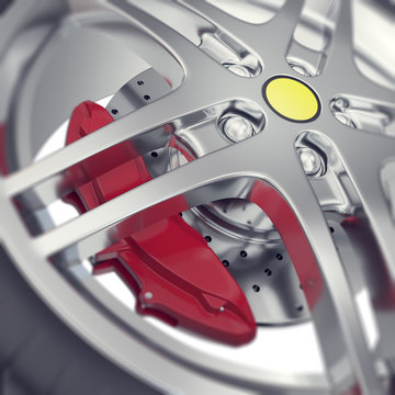 Car wheel close-up view with focus effect. 3d illustration