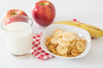 milk, apple, banana and cornflakes