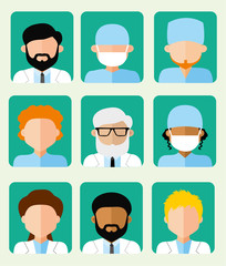 Set of icons avatars doctors, hospital staff, ambulance, flat vector illustration, men and women of different nationalities