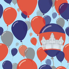 Cambodia National Day Flat Seamless Pattern. Flying Celebration Balloons in Colors of Cambodian Flag. Happy Independence Day Background with Flags and Balloons.
