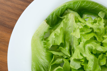 Lettuce in white saucer on a wooden table