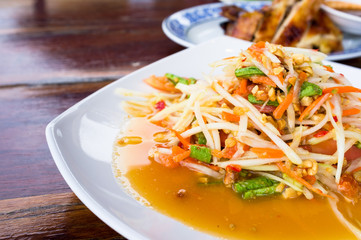 Somtum or Thai spicy papaya salad - Selective focus