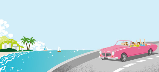 Summer Drive - Pink Convertible, Coastline road - obrazy, fototapety, plakaty