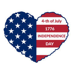 American flag as heart shaped symbol for 4th of July, Independence Day celebration. Patriotic love Typography Graphics. Fashion Print for sportswear apparel, t shirt, card, banner. Vector illustration