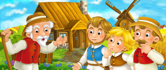 Beautifully colored scene with cartoon character - old man standing and talking to group of people - friends or family - windmill in the background - illustration for children