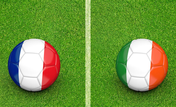 Team balls for France vs Ireland football tournament match, 3D rendering