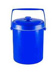 blue  plastic bucket with lid isolated on a white background.