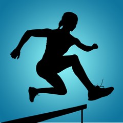 Composite image of sporty woman jumping a hurdle