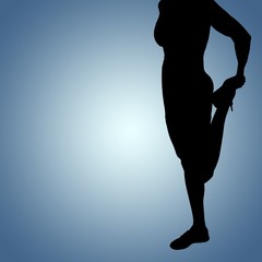 Composite image of sporty woman stretching her leg
