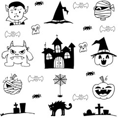 Doodle of castle pumpkins cat monster element halloween